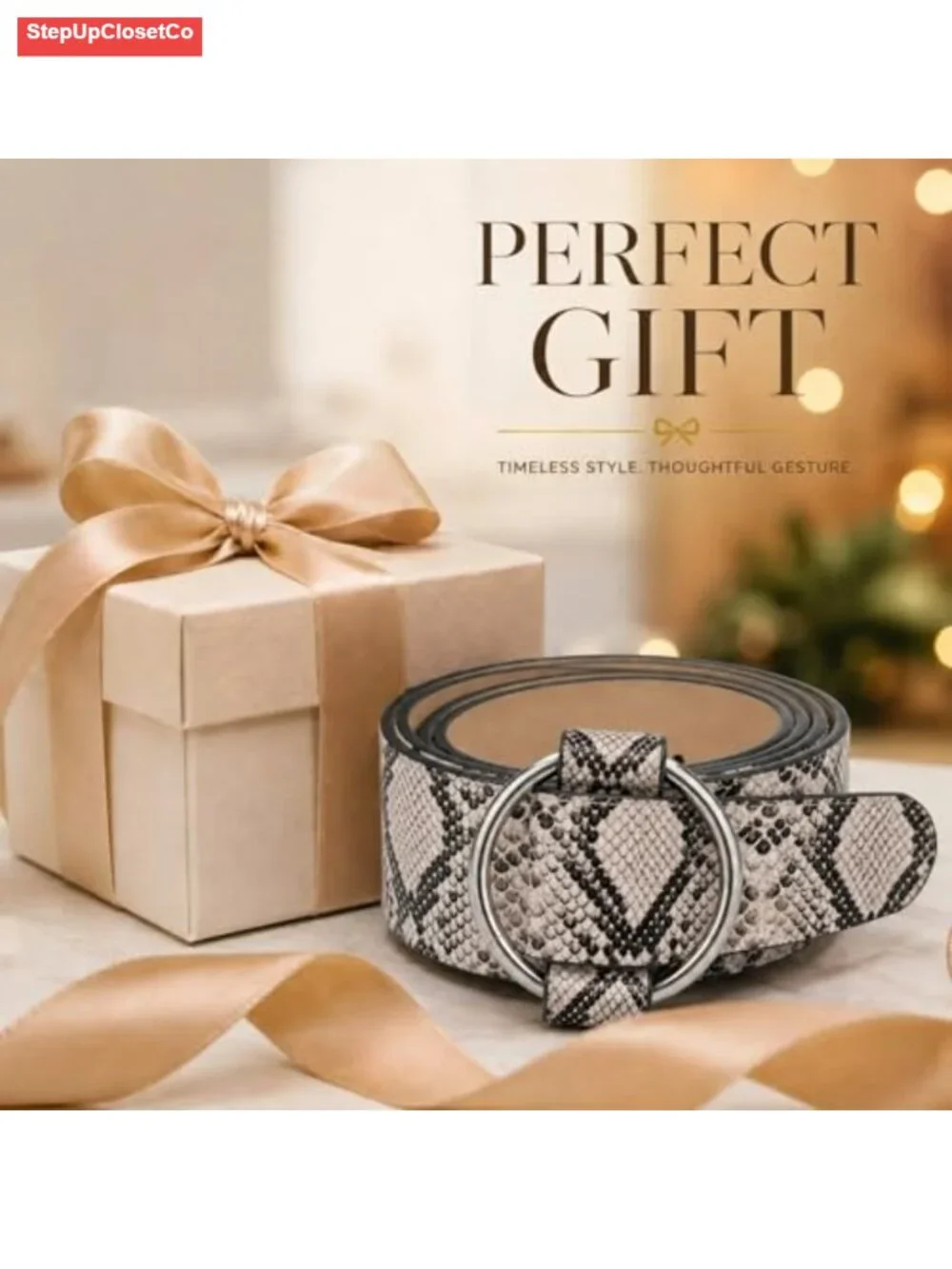 Women's Snake Print Faux Leather Belt with Silver O-Ring Buckle - No-Hole
